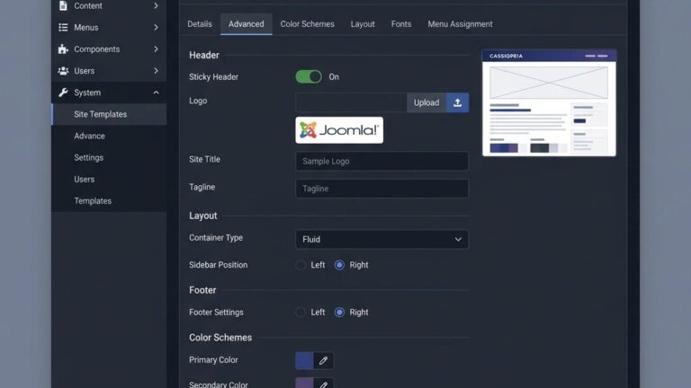 Joomla 5 Cassiopeia template dashboard showing settings panel