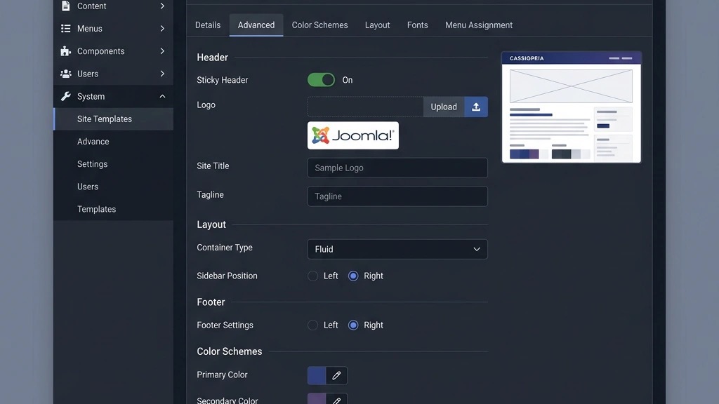 Joomla 5 Cassiopeia template dashboard showing settings panel