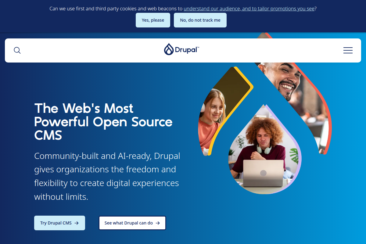 Drupal.org homepage screenshot showing the enterprise content management framework