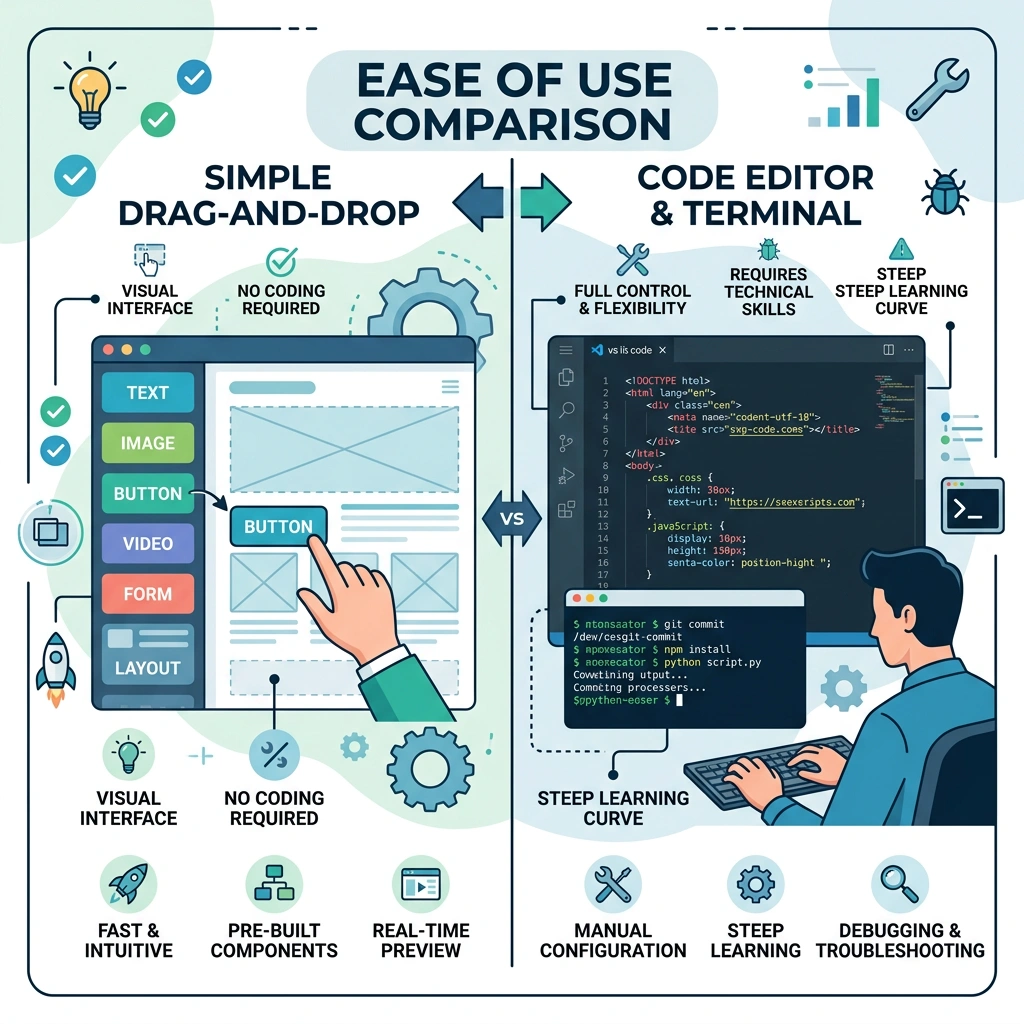 Ease of use comparison showing drag and drop vs code-based interfaces