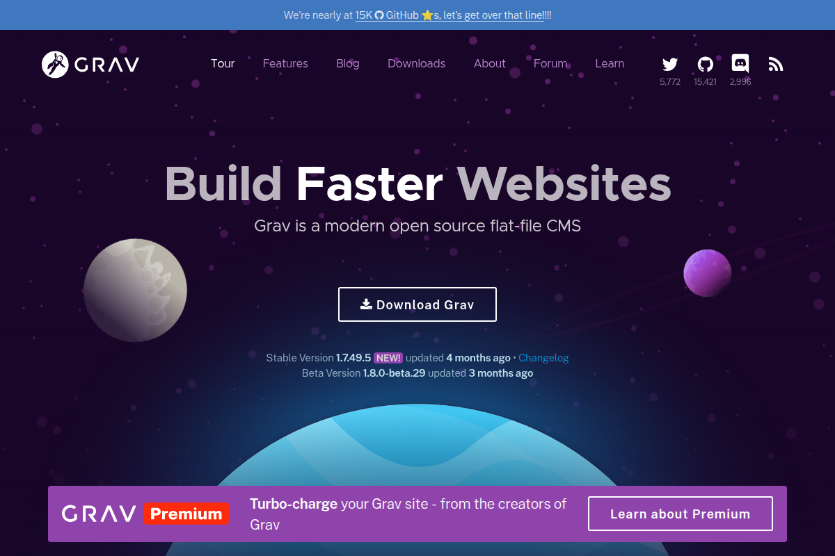 Grav CMS homepage screenshot showing the flat-file content management system
