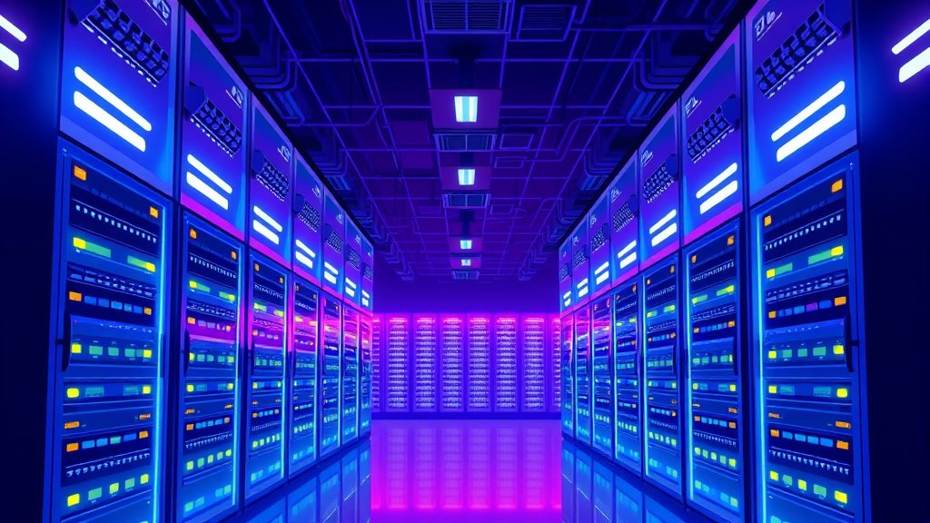 Modern data center with glowing server racks and network connections