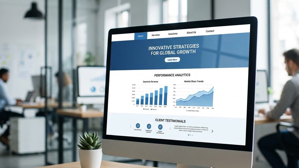 Joomla business template displayed on a monitor in a corporate office