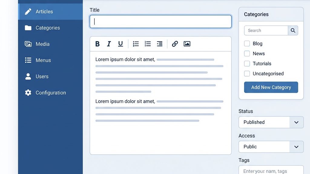 Hierarchical tree diagram showing Joomla content categories and subcategories