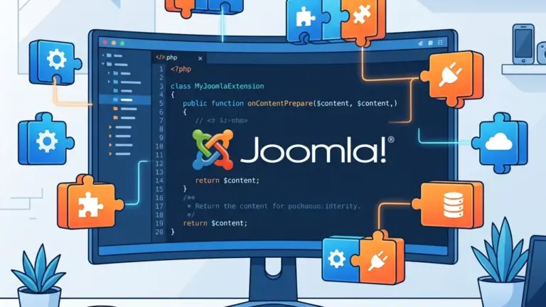 Joomla development workspace with code editor and extension building blocks