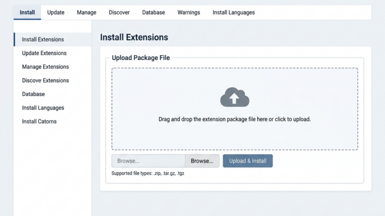 Joomla Extension Manager upload package file interface
