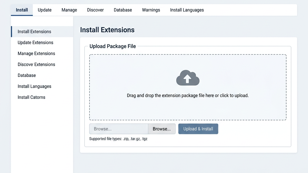 Joomla Extension Manager upload package file interface