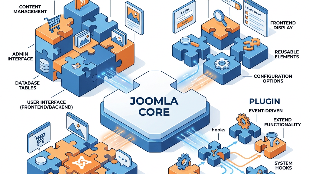 Comparison diagram of Joomla extension types: components, plugins, and modules