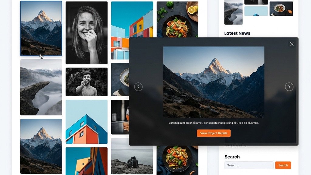 Joomla gallery extension with masonry grid layout showing an image portfolio