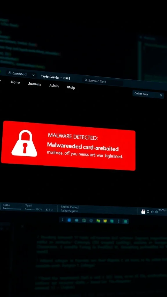 Joomla admin dashboard showing malware security warning alert