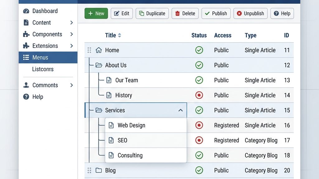 Joomla menu manager navigation interface