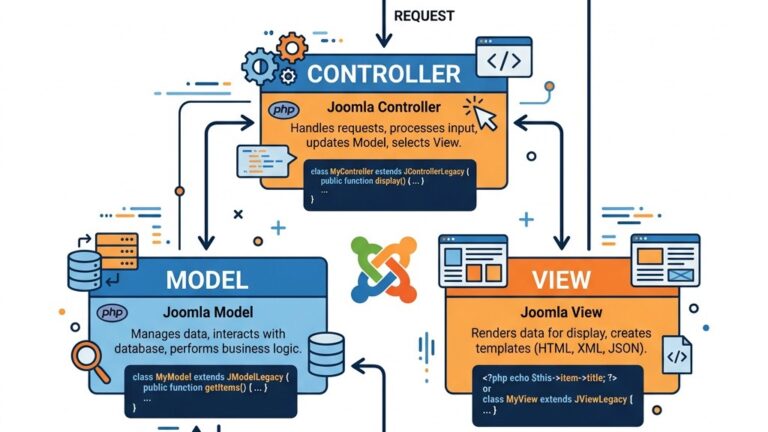 Joomla MVC architecture diagram showing model view controller pattern