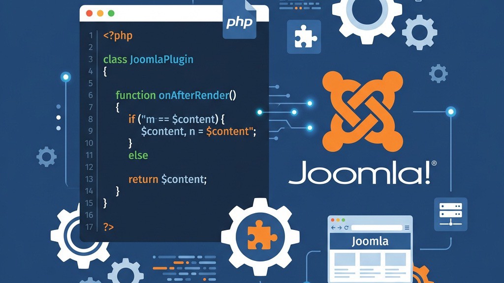 Joomla plugin development tutorial showing code editor and plugin structure