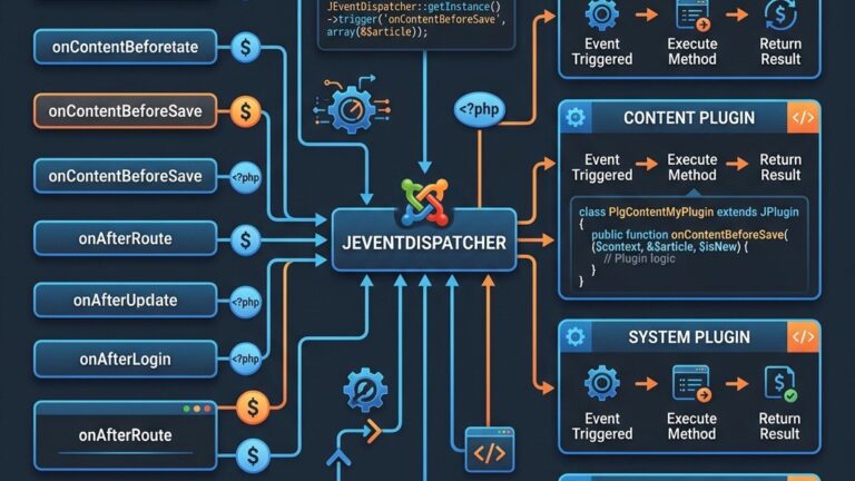 Joomla plugin events architecture diagram showing event dispatcher and subscriber pattern