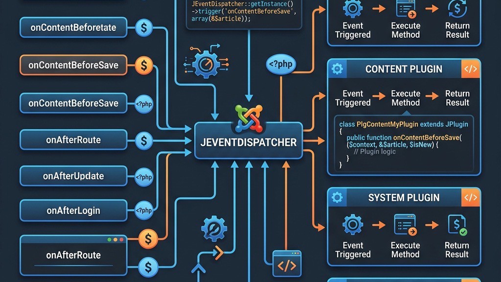 Joomla plugin events architecture diagram showing event dispatcher and subscriber pattern
