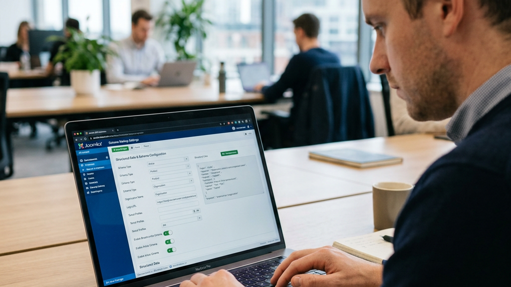 Administrator configuring Joomla SEO component settings on laptop