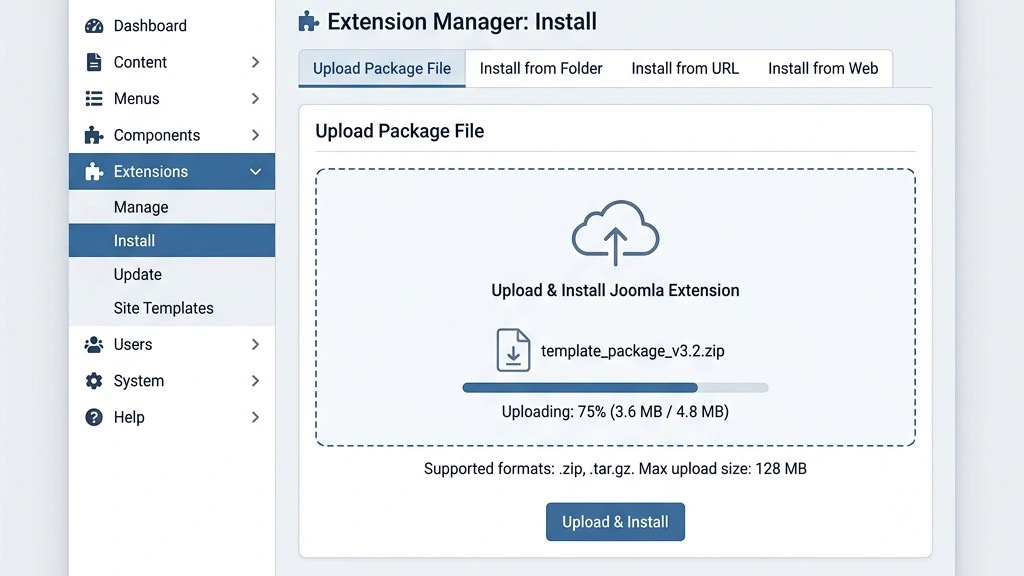 Joomla Extension Manager template upload interface