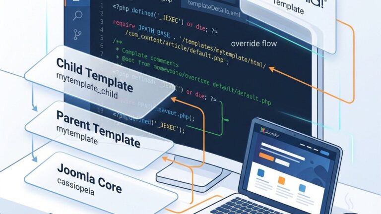 Joomla template overrides guide showing code editor with override files
