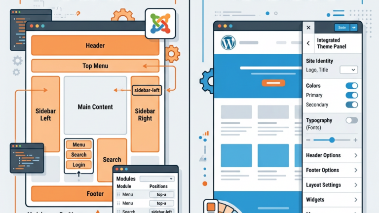 Joomla template vs WordPress theme key differences comparison illustration