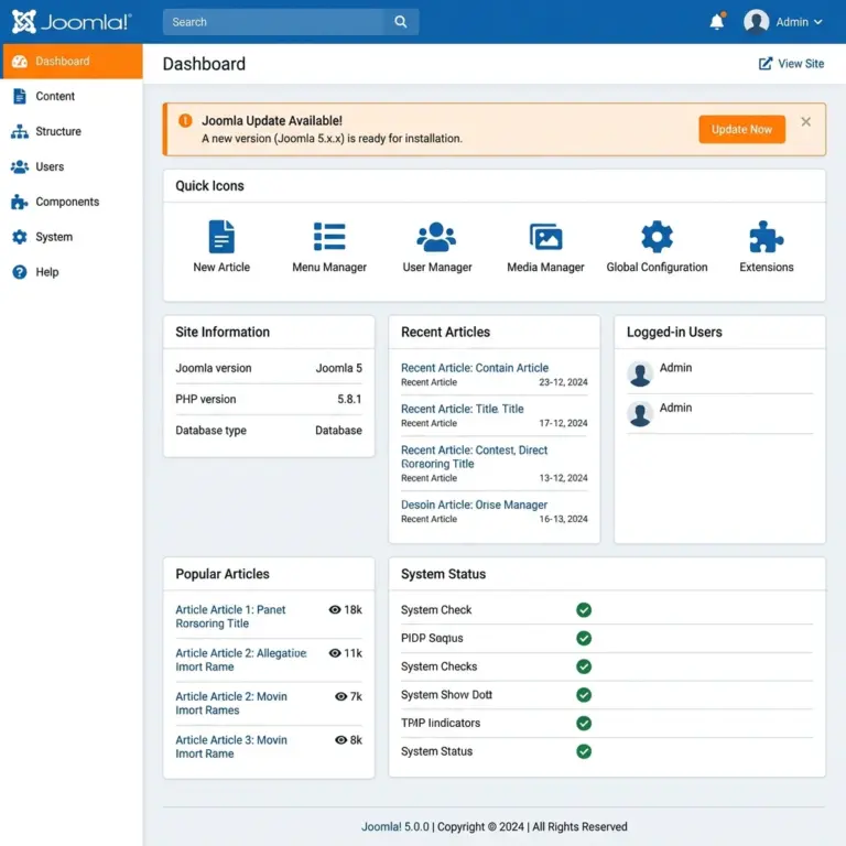 Joomla update dashboard showing available updates