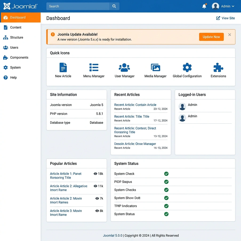 Joomla update dashboard showing available updates