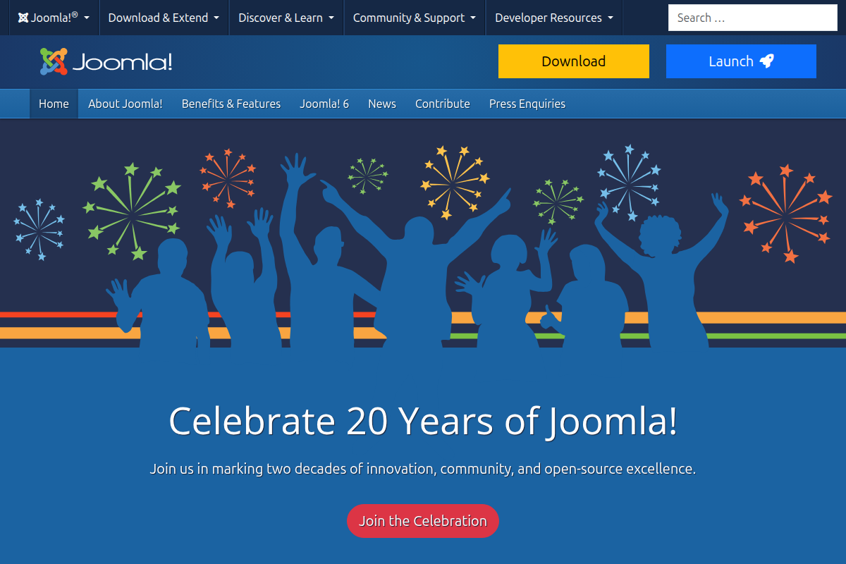 Joomla.org homepage screenshot showing the open source CMS platform