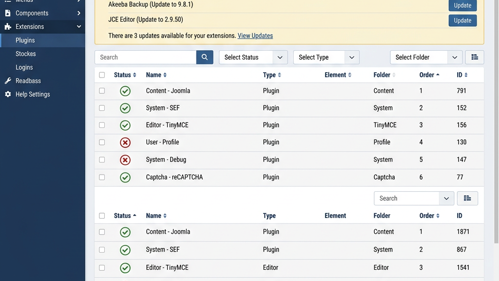 Managing installed Joomla extensions in admin dashboard