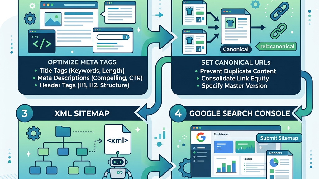 On-page SEO optimization workflow from meta tags to Google Search Console