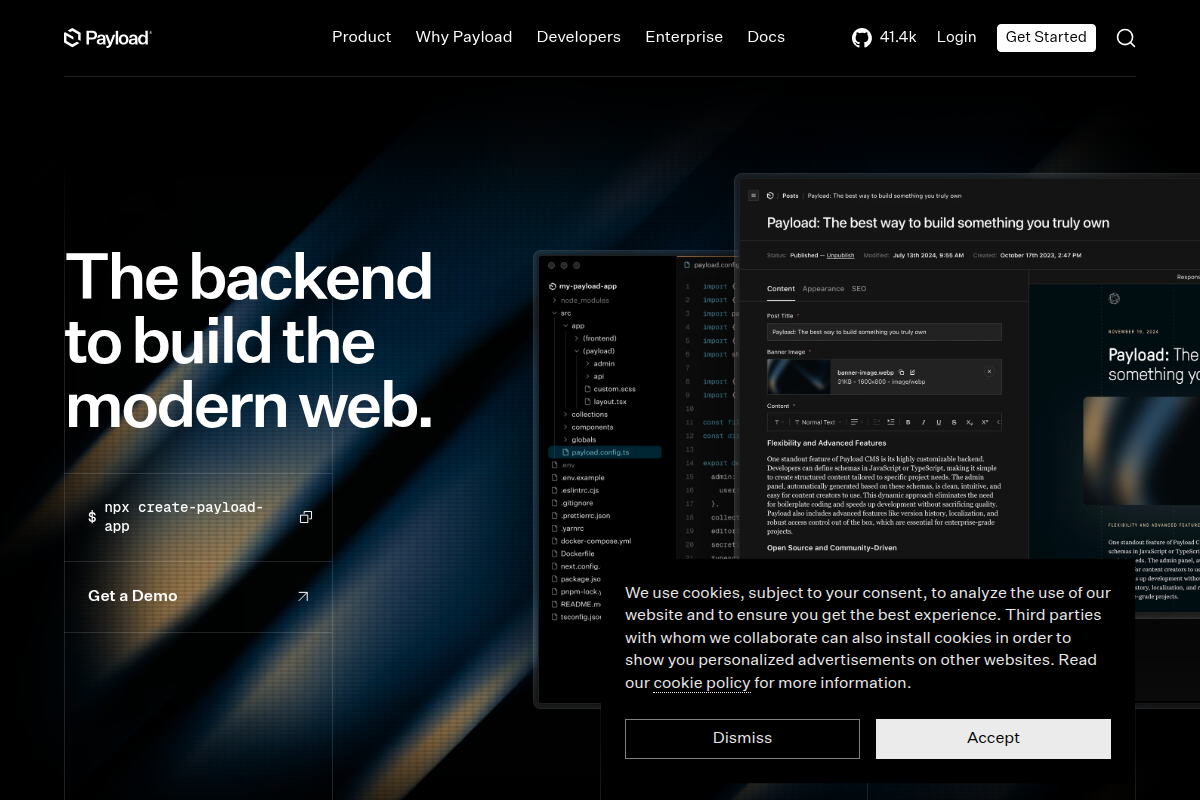 Payload CMS homepage screenshot showing the TypeScript-first headless CMS