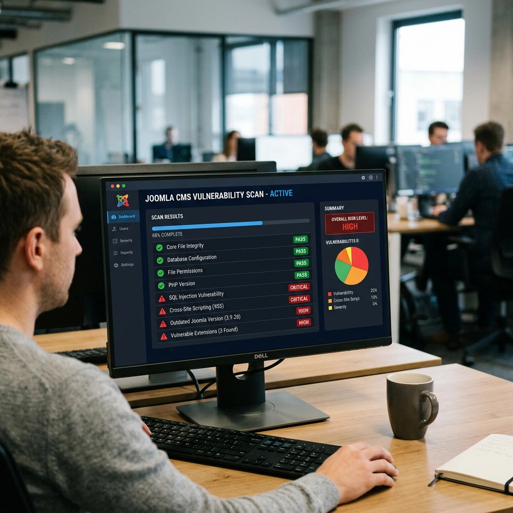 Joomla security scanner dashboard showing vulnerability scan results