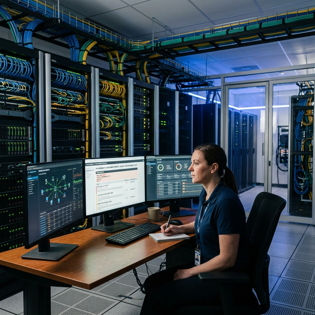 Server room with security monitoring screens showing website scan results