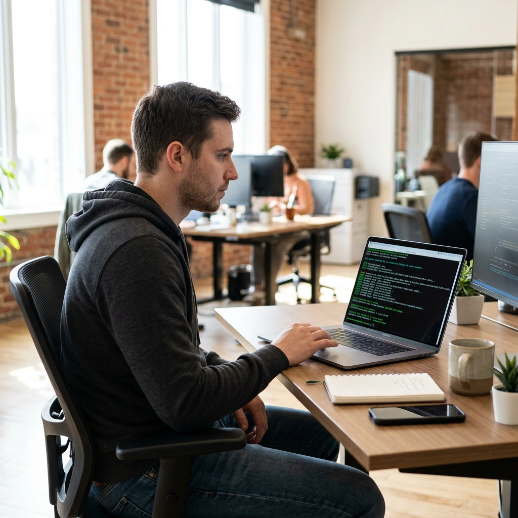 Developer running a command-line security scanner on a laptop