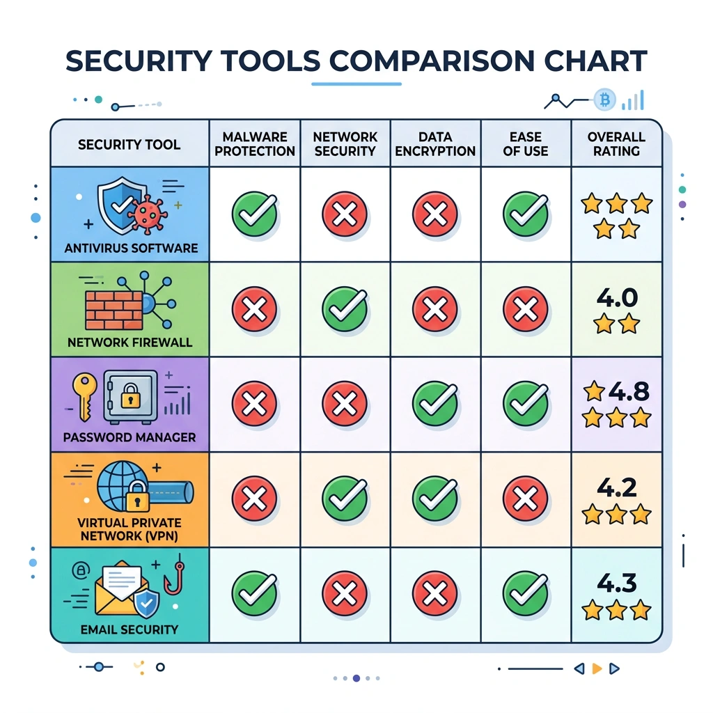 Security tools comparison chart with feature checkmarks