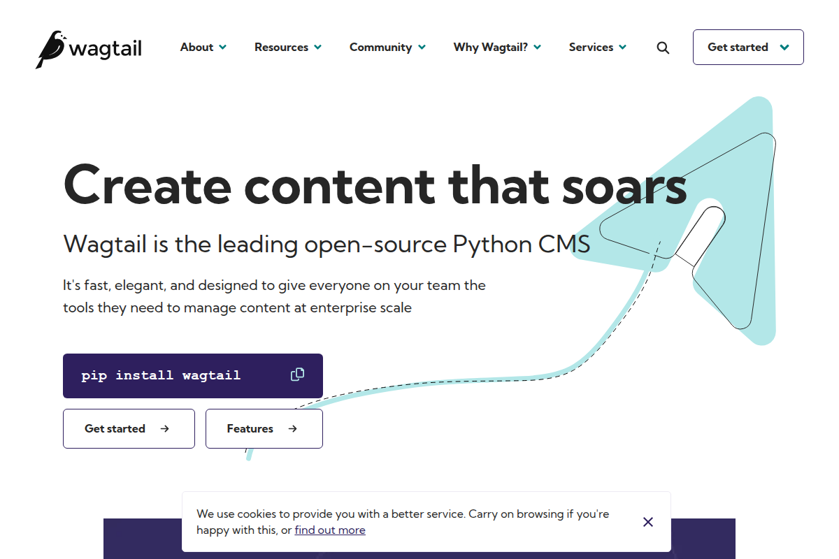 Wagtail CMS homepage screenshot showing the Django-based content management system