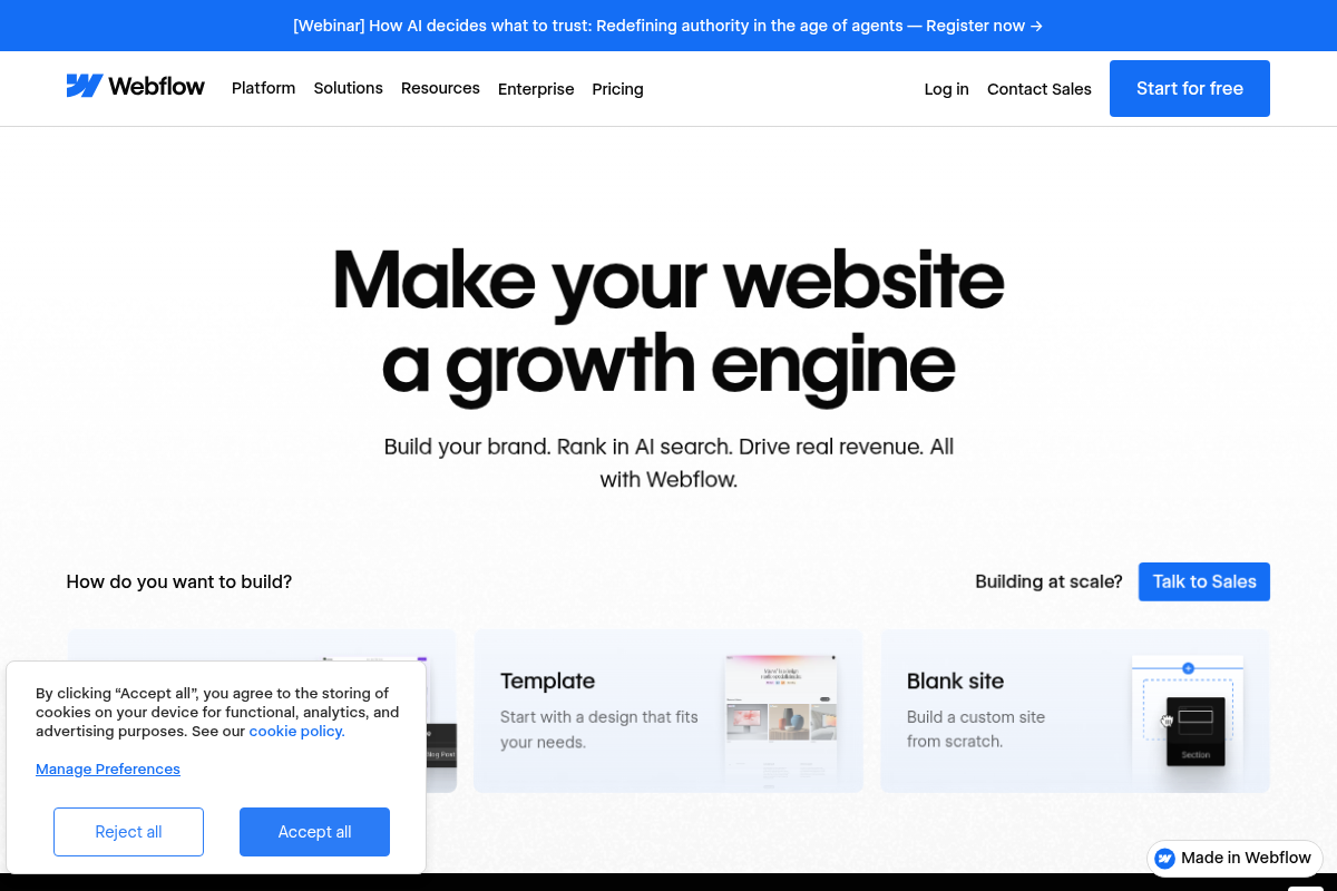 Webflow homepage screenshot showing the visual web development platform