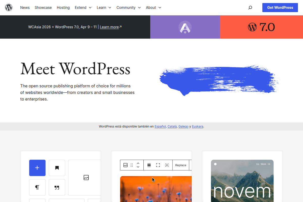 WordPress.org homepage screenshot showing the open source CMS platform