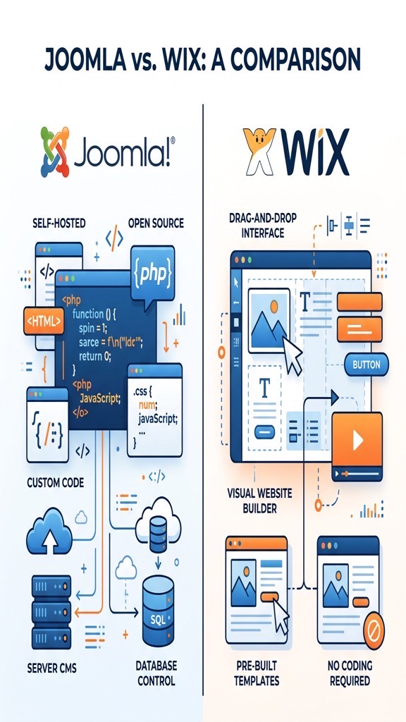 Joomla vs Wix comparison infographic showing CMS versus website builder features
