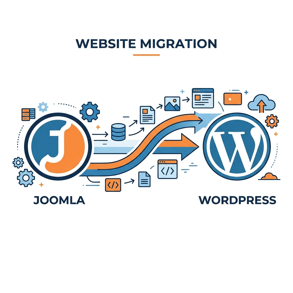 Joomla to WordPress migration concept illustration