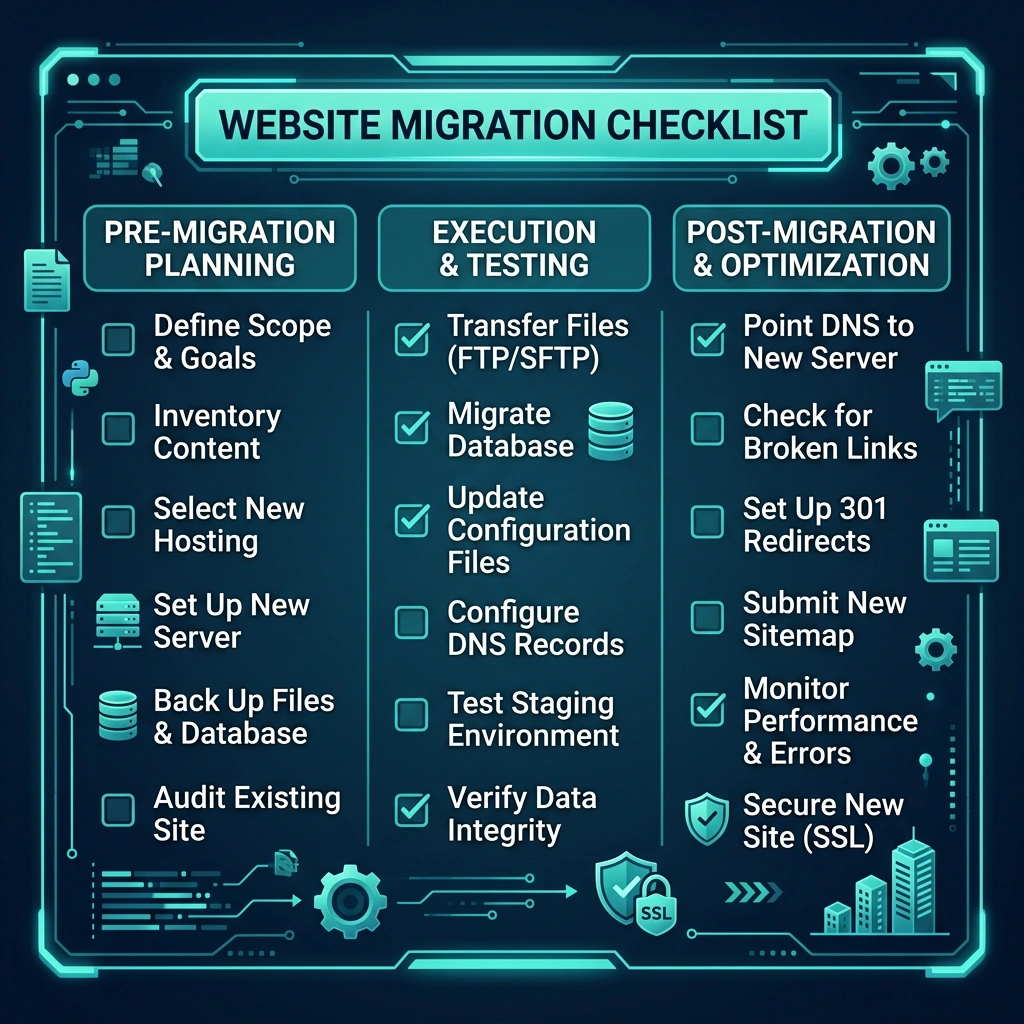 Website migration checklist with technical elements