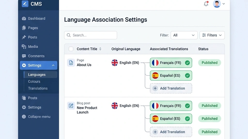 Joomla admin panel language associations tab for multilingual content linking