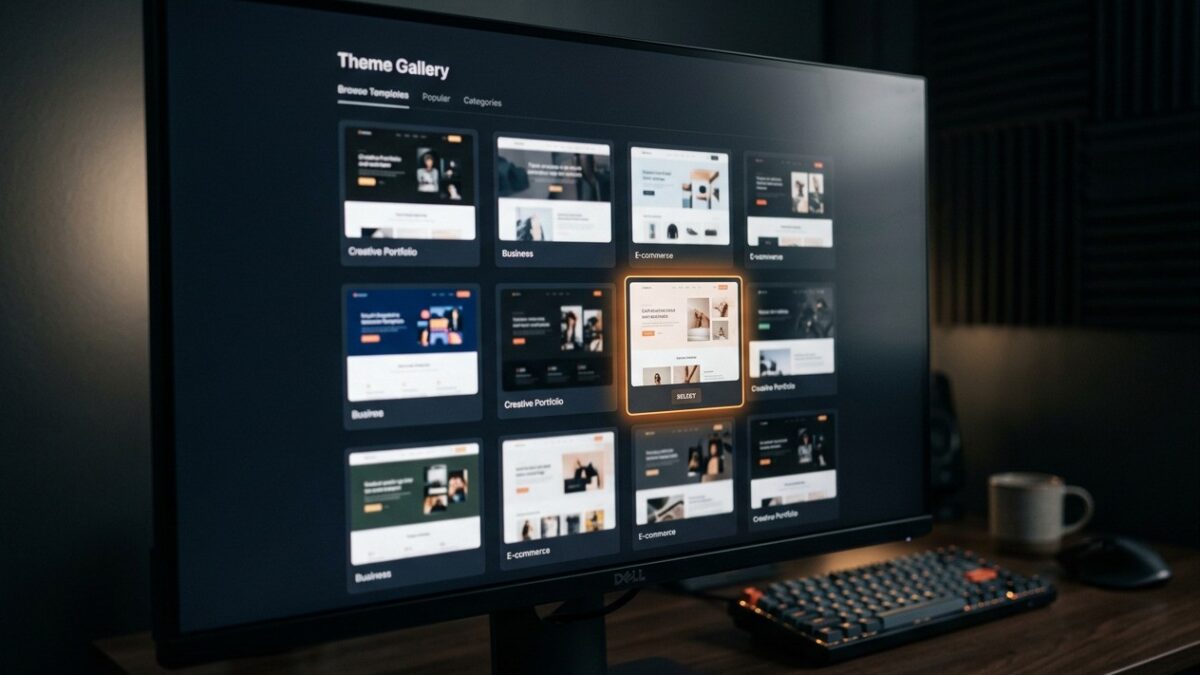 A template gallery showing a grid of site theme thumbnails with one selected