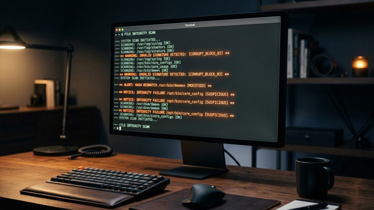 A terminal running a file integrity scan with modified files flagged as warnings
