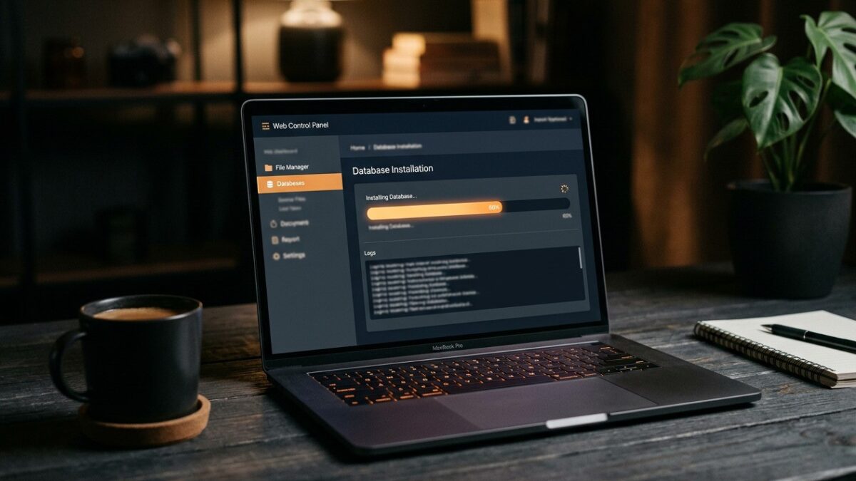 A hosting control panel on a laptop showing a database being created during a Joomla installation
