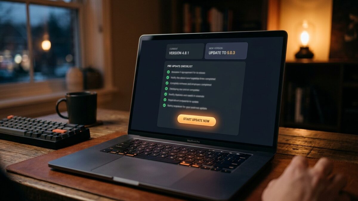 A CMS update screen showing a pre-update checklist and the update button
