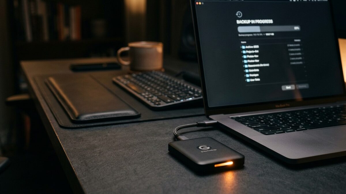 An external backup drive beside a laptop running a backup with an archive list