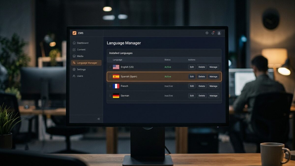 A CMS language manager listing installed language packs with their published status