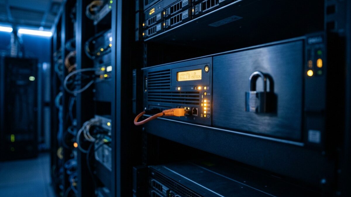 A rack-mount server in a data centre with status indicators, representing a hardened production site