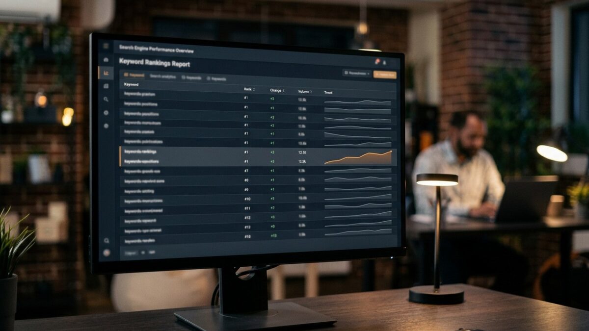 A keyword ranking report showing search positions and trend lines