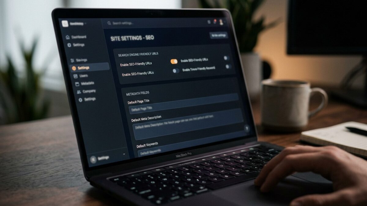 A CMS settings screen showing search-engine-friendly URL options and metadata fields
