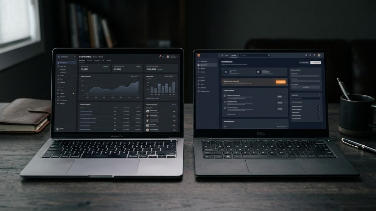 Two laptops showing two different CMS dashboards in a balanced comparison